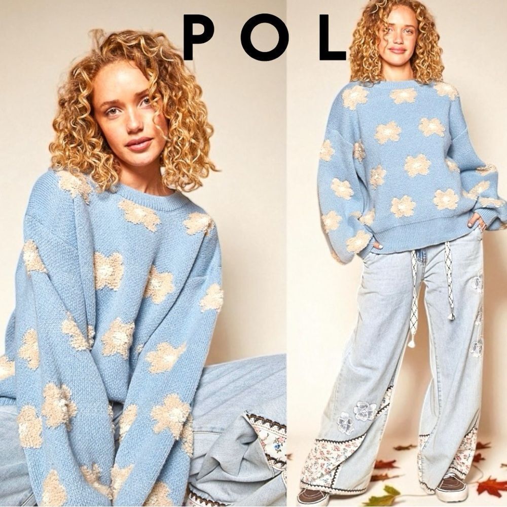 POL Oversized Sweater Blue Daisy Floral Drop Shoulder Size Medium NEW - Picture 3 of 6